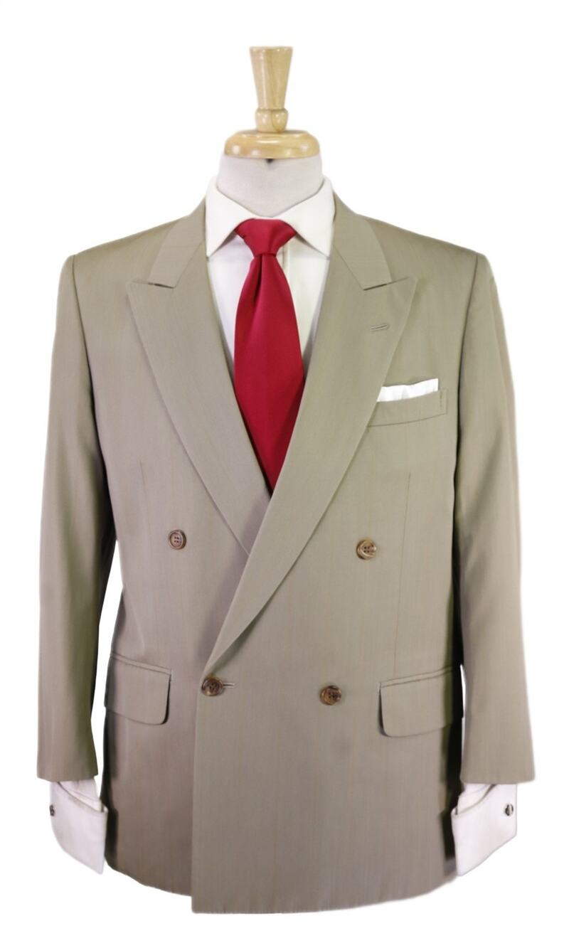 Hickey Freeman Vintage Taupe Pinstripe Wool Silk Double Breasted Suit 38S